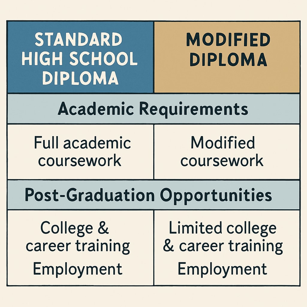A comparison chart illustrating the differences between a standard high school diploma and a modified diploma, including academic requirements and post-graduation opportunities. A chart comparing standard and modified high school diplomas, highlighting their distinctions.