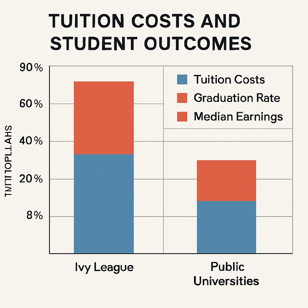 A comparative chart showing tuition costs and student outcomes between Ivy League schools and public universities. Chart comparing tuition fees and graduate success rates of Ivy League schools versus other universities.