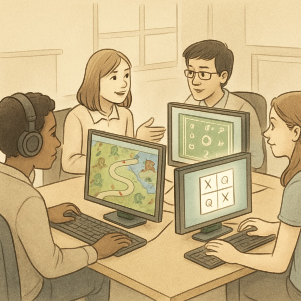 A group of students working together in an esports lab, with screens displaying educational games and strategies. Students collaborating in an esports lab with educational games.