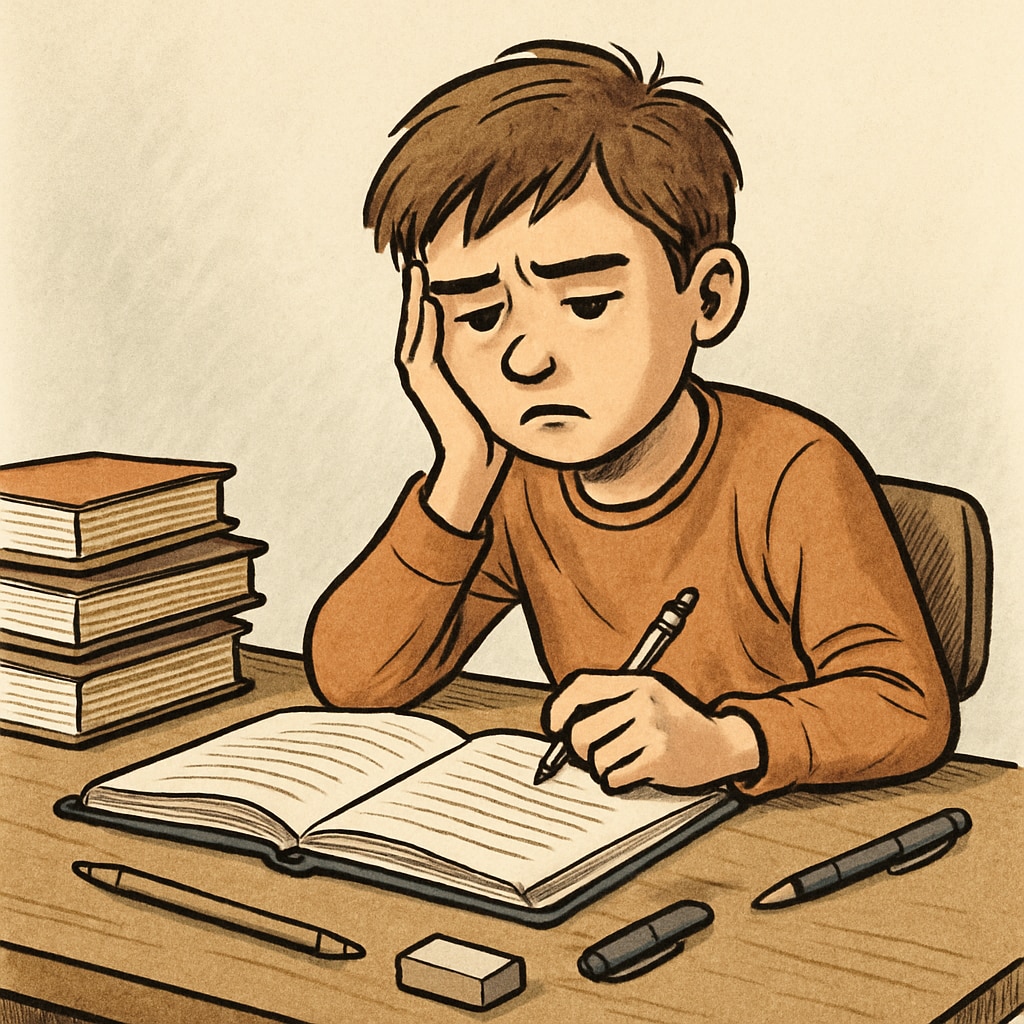 A middle school student looking disengaged while doing homework, symbolizing academic struggle. A disengaged middle school student representing academic struggle and parental involvement.