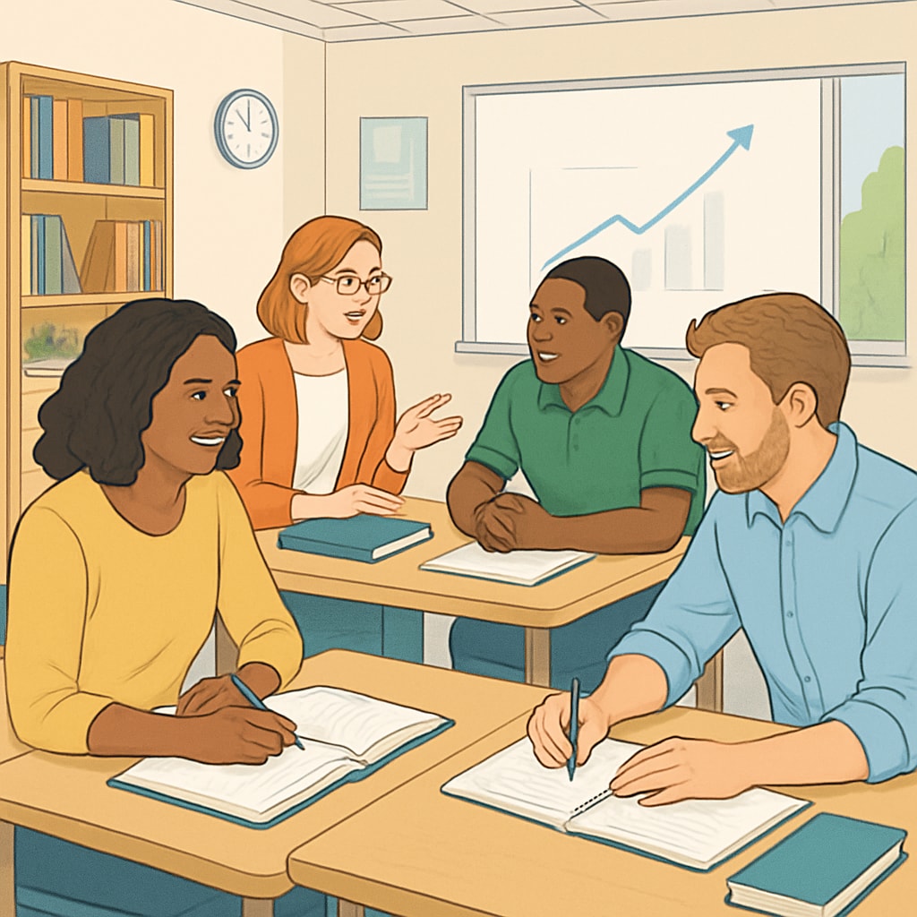 A supportive classroom environment with adult learners working collaboratively, symbolizing the transition to new opportunities. Adult learners in a classroom working on transitioning their diplomas.