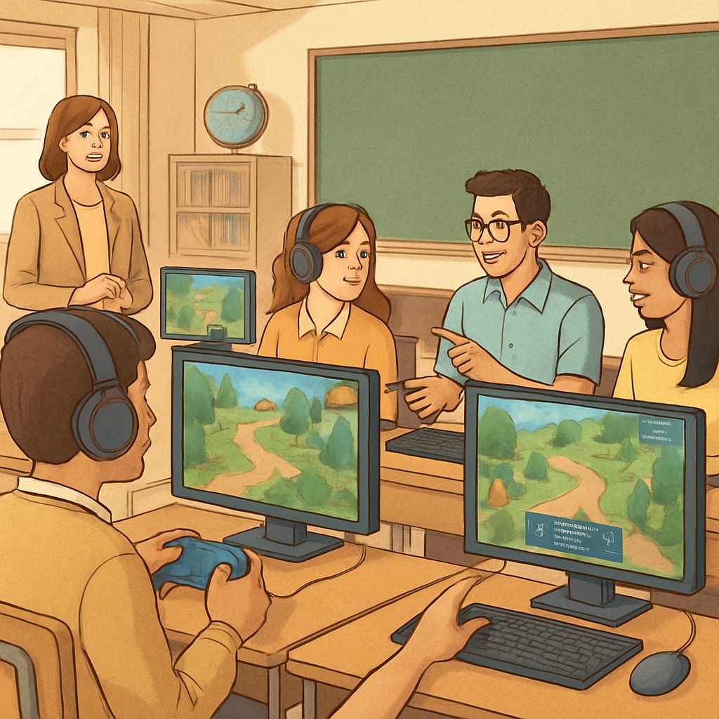 Students immersed in game-based learning using esports platforms in a classroom setting, showcasing interactive learning environments. Game-based learning with esports in classrooms