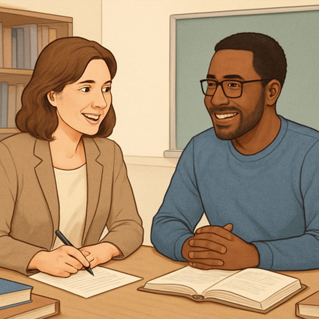 A teacher and parent discussing a student’s progress in a collaborative meeting, representing balanced parental involvement. Teacher and parent collaborating to support a disengaged student’s development.