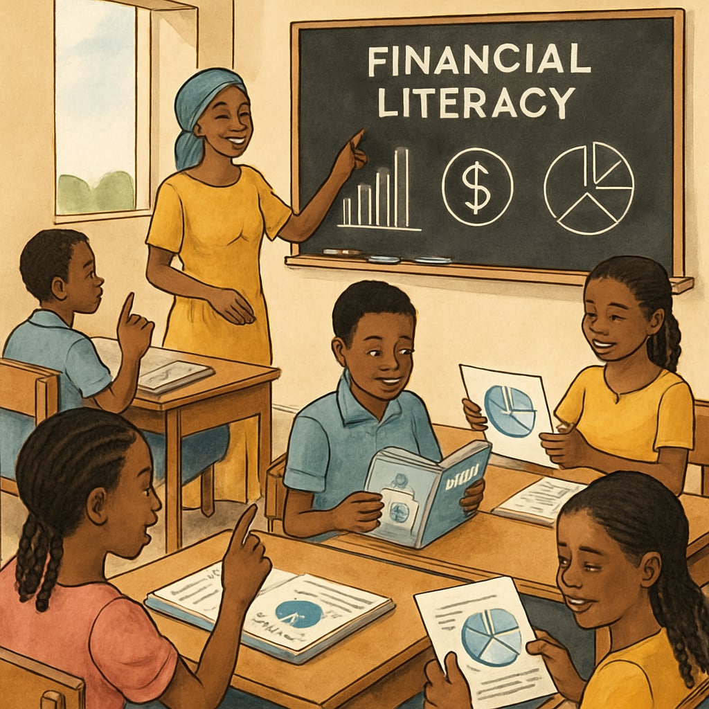 A classroom setting in Mali where students are engaged in a financial literacy workshop, demonstrating the importance of early education in finance. Students in Mali learning financial concepts during a workshop.