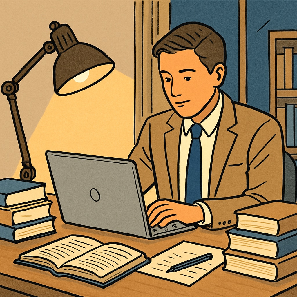 A professional working on a laptop in the evening, symbolizing the balance between work and study. A professional balancing work and study time management for a master's degree.