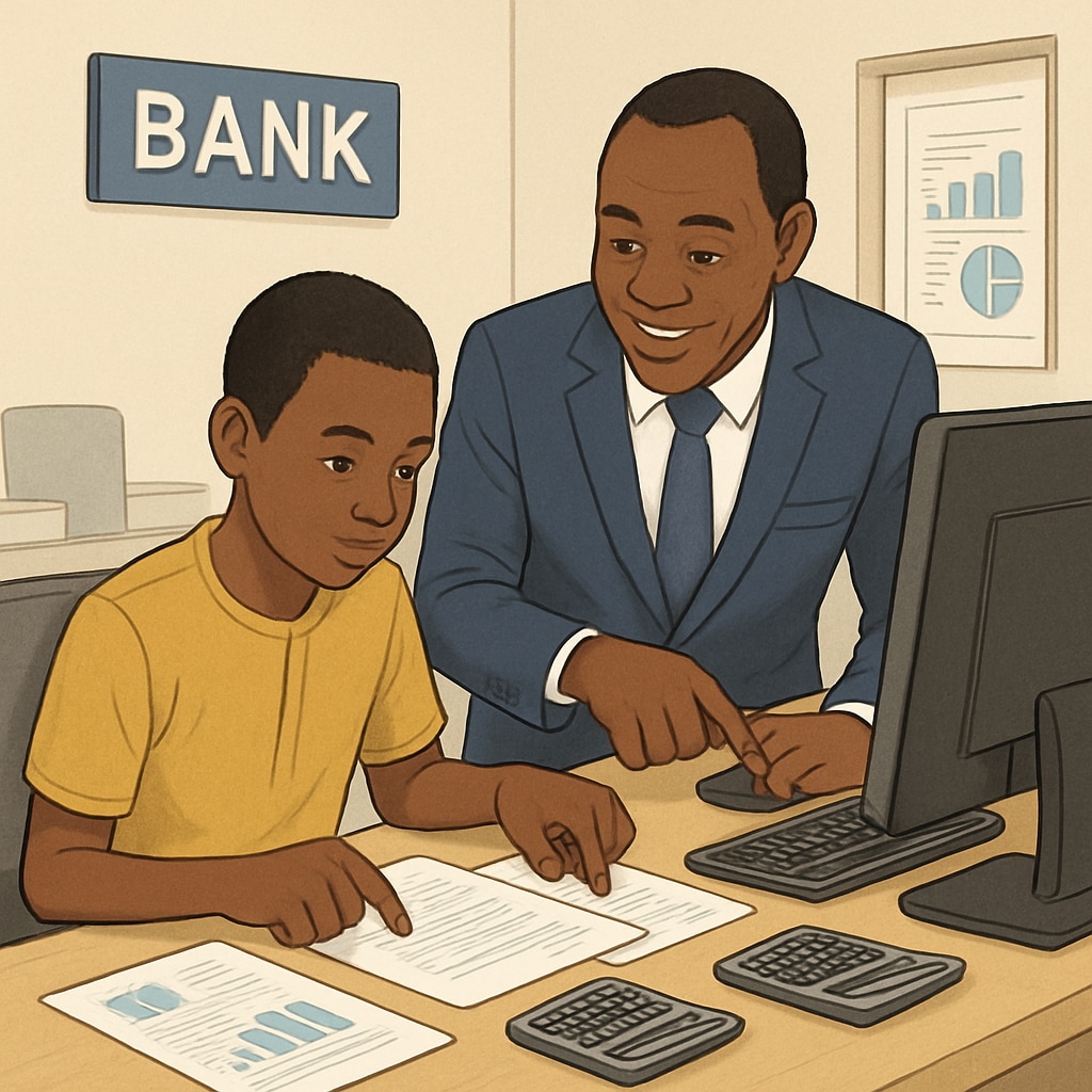 A young Malian student participating in a mentorship program at a local bank, gaining hands-on experience in finance. A Malian student receiving mentorship in a local financial institution.