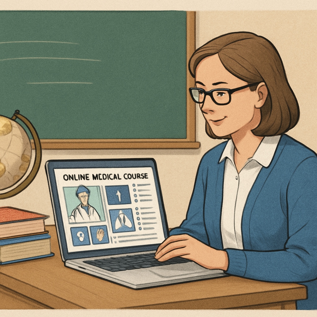 A teacher browsing an online medical course platform on a laptop. This image represents the accessibility of online learning. A teacher exploring an online course relevant to medical education.