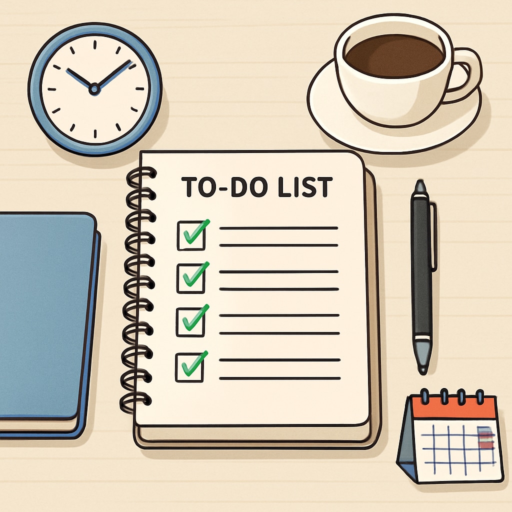 A visual representation of a balanced to-do list on a desk, symbolizing organized time management. A to-do list showing effective time management for balancing a master's degree and career.