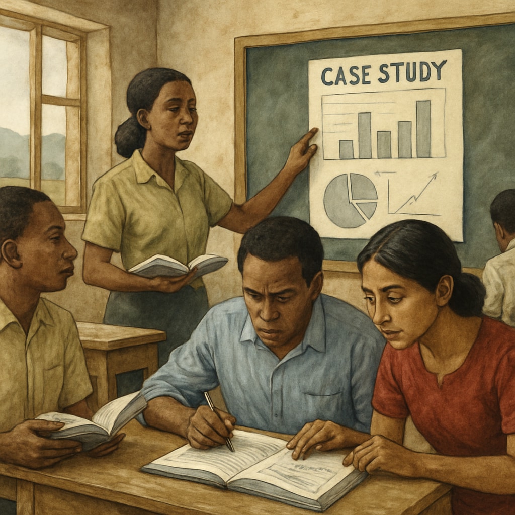 A classroom in a developing nation with finance students engaged in business case studies, highlighting the challenges in education. Finance students in a developing nation classroom working on case studies