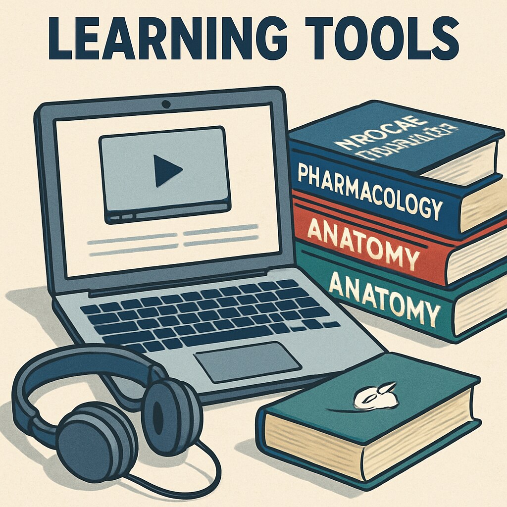 A collection of educational resources, including a laptop, medical textbooks, and headphones for podcast learning. This image highlights diverse learning tools. Educational resources for learning medical education, including online courses and books.