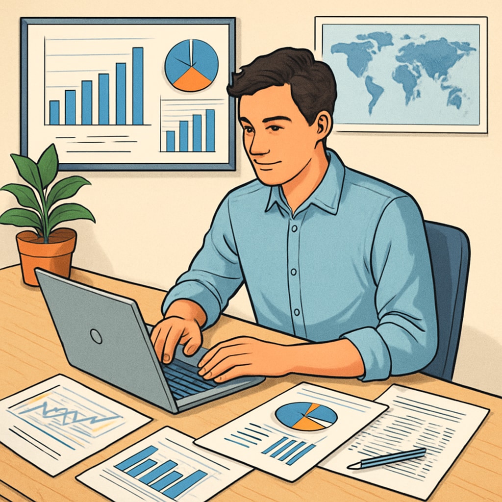 A young finance professional working remotely on financial analysis for a global company, illustrating remote career opportunities. Finance professional working remotely on a global financial analysis project