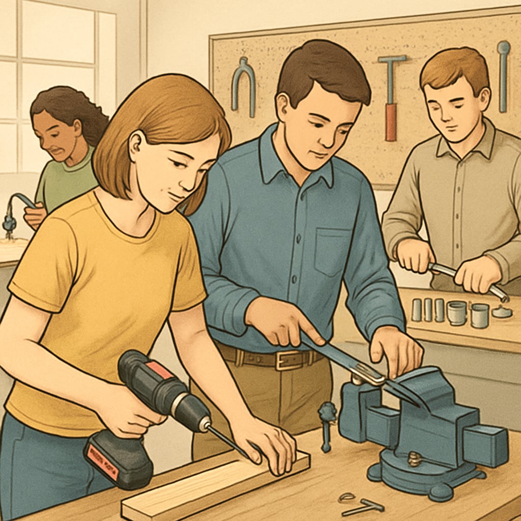 Students in a vocational training workshop, gaining practical skills. Students learning practical skills in a vocational training program.