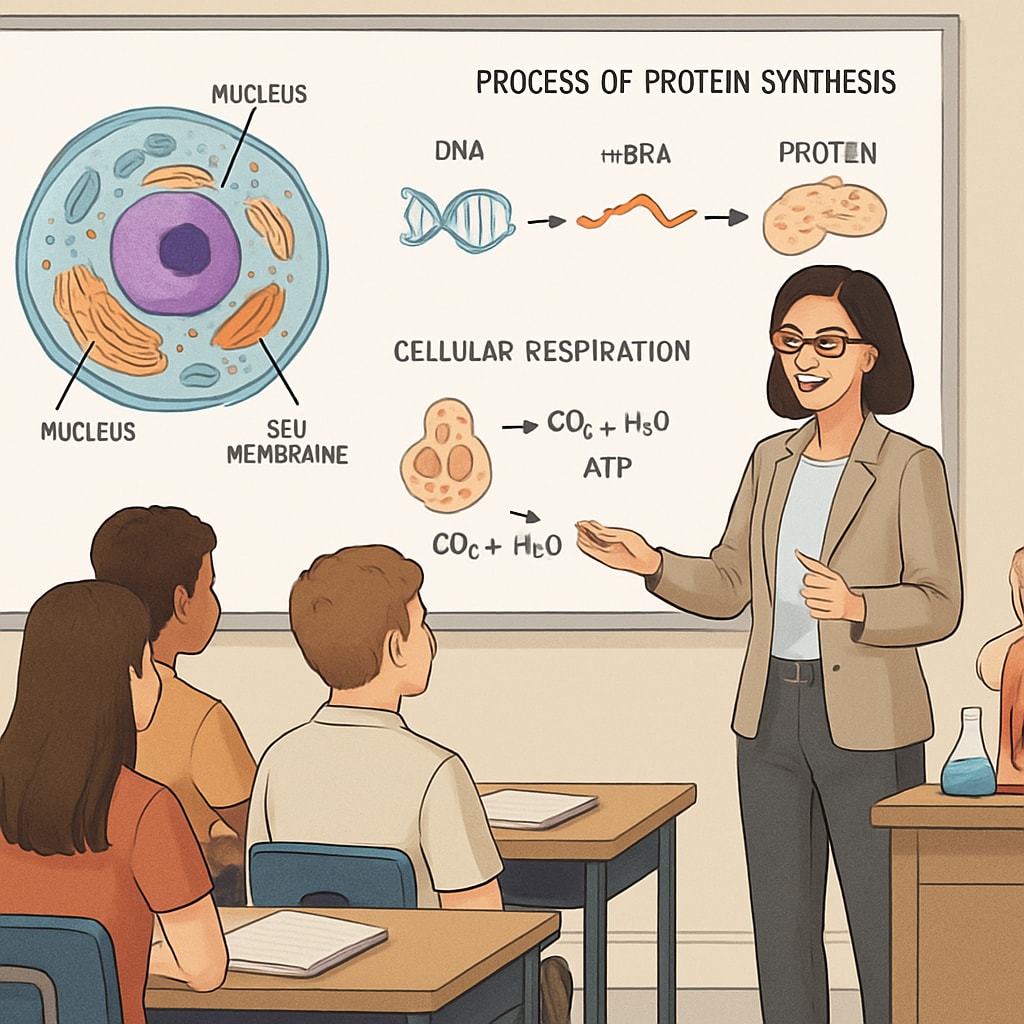 A teacher explaining biological processes to high school students in a classroom setting, emphasizing STEM education. Biology graduate teaching science concepts to students in a classroom.