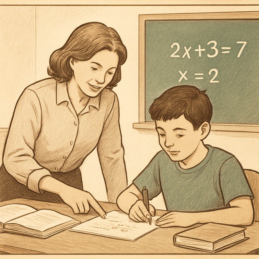A supportive tutor assisting a student with a mathematics problem. Tutor helping student with maths, a key part of returning to education in the UK.