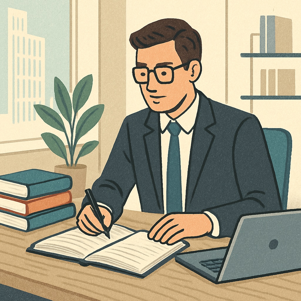 A professional working on a laptop, balancing work and study in a modern office setting. Professional balancing work and study while pursuing a master's degree in an office.