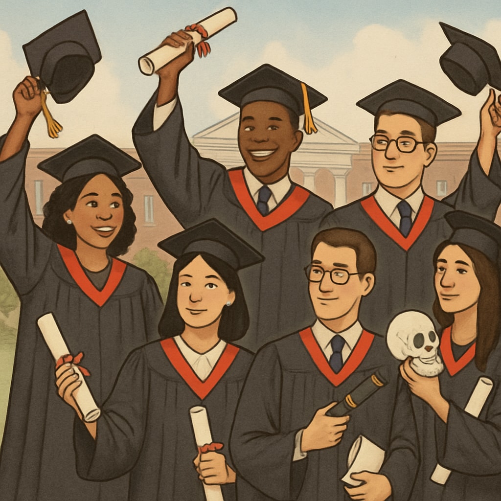 A university graduation ceremony showcasing diverse students, symbolizing academic success and interdisciplinary career paths. Students at a graduation ceremony, representing success in interdisciplinary education.