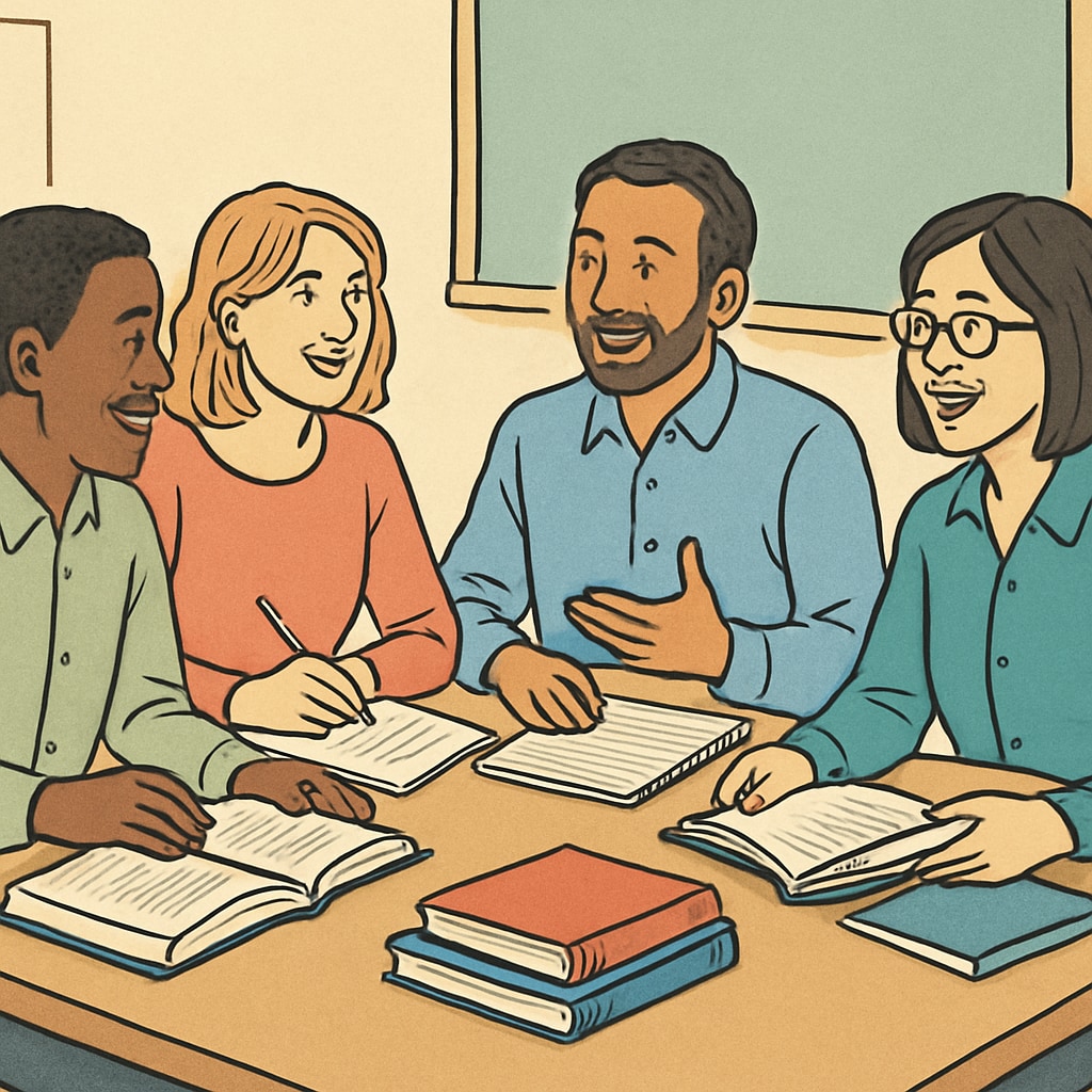 A diverse group of adults in a classroom setting, actively engaging in a discussion, representing lifelong learning opportunities. Adults discussing lifelong learning opportunities in a classroom.