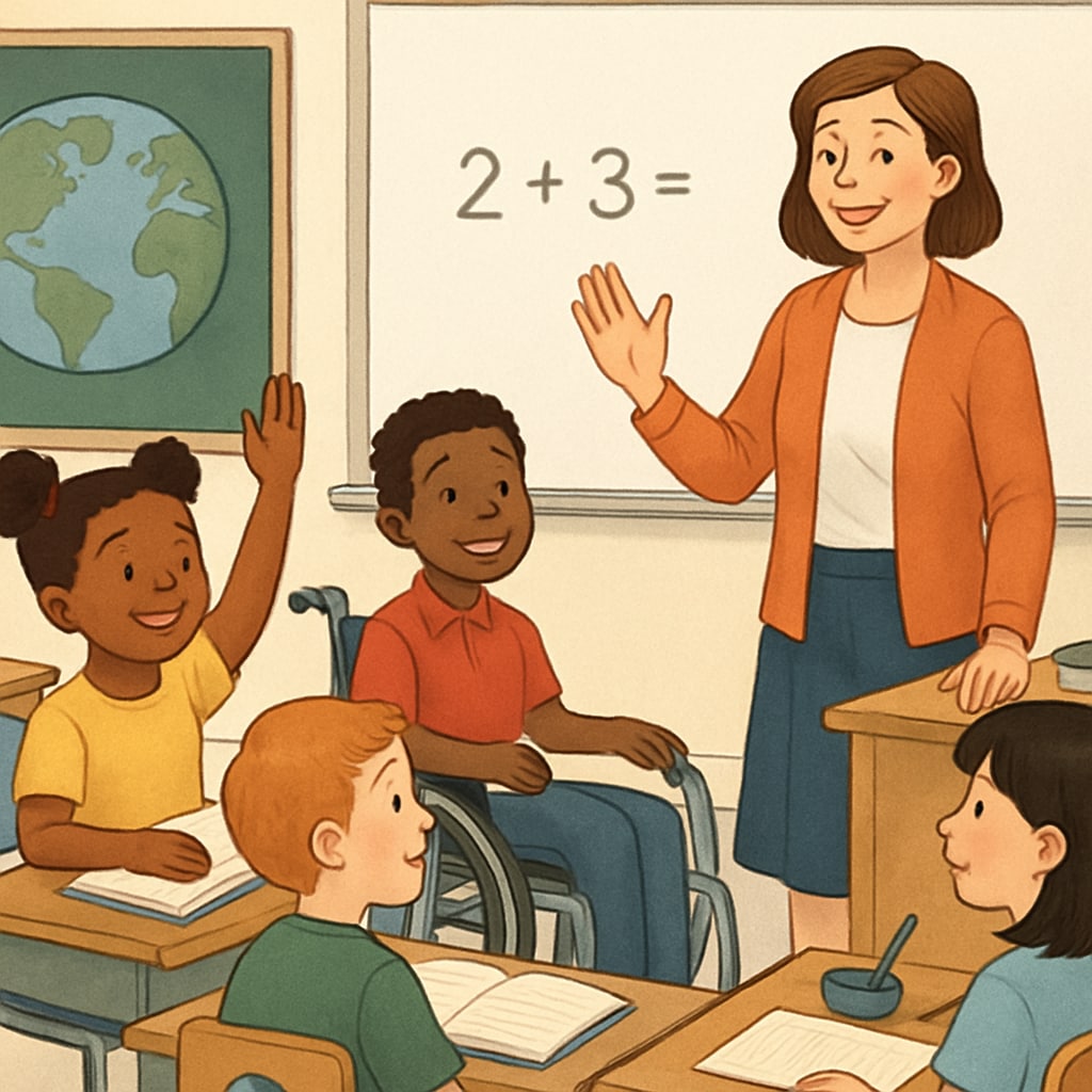 A teacher in a diverse classroom setting representing inclusivity in education.