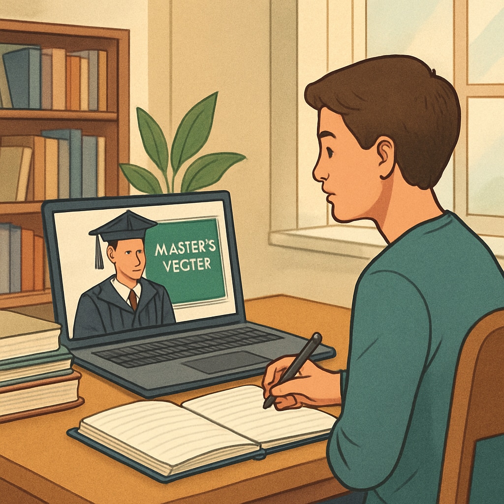 A student attending an online master's degree class while seated in a home office. Student attending an online master's degree program, managing time effectively.