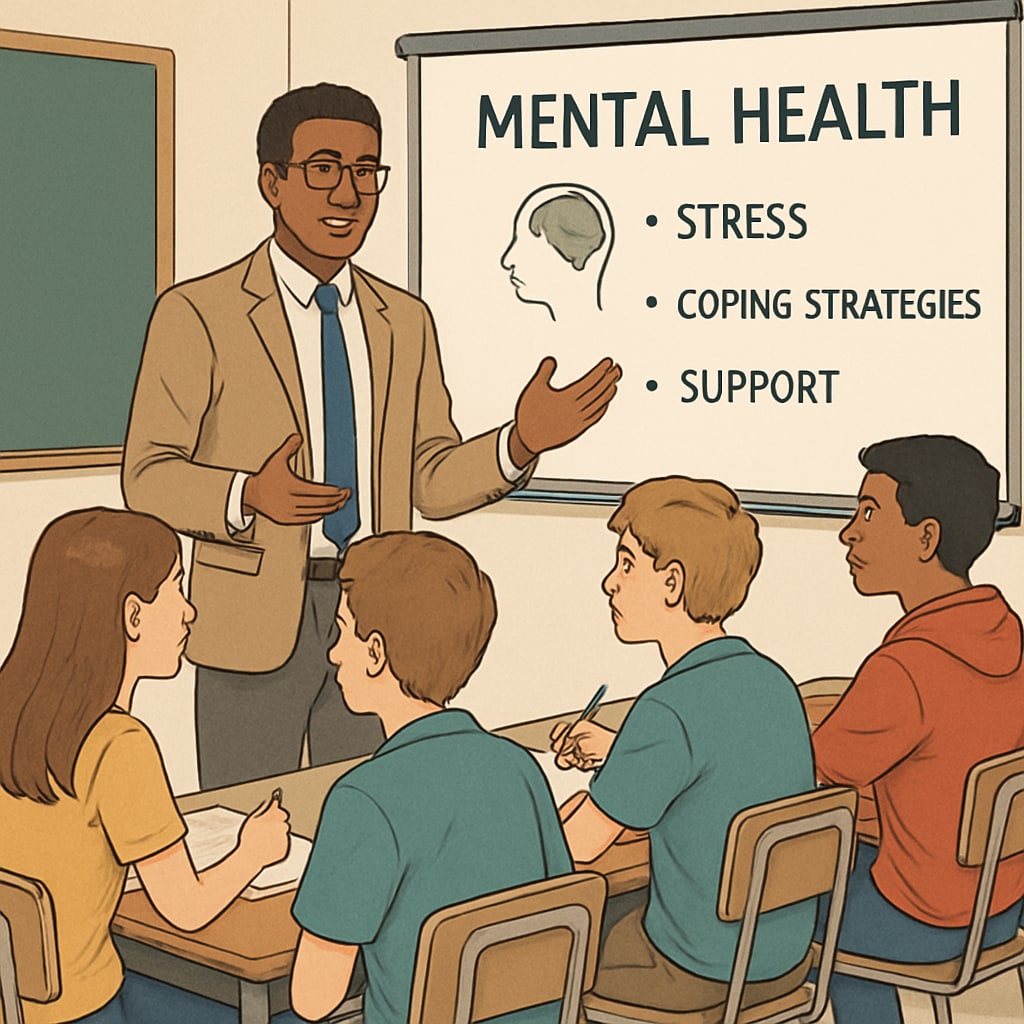 High school students listening to a mental health speaker during an assembly.