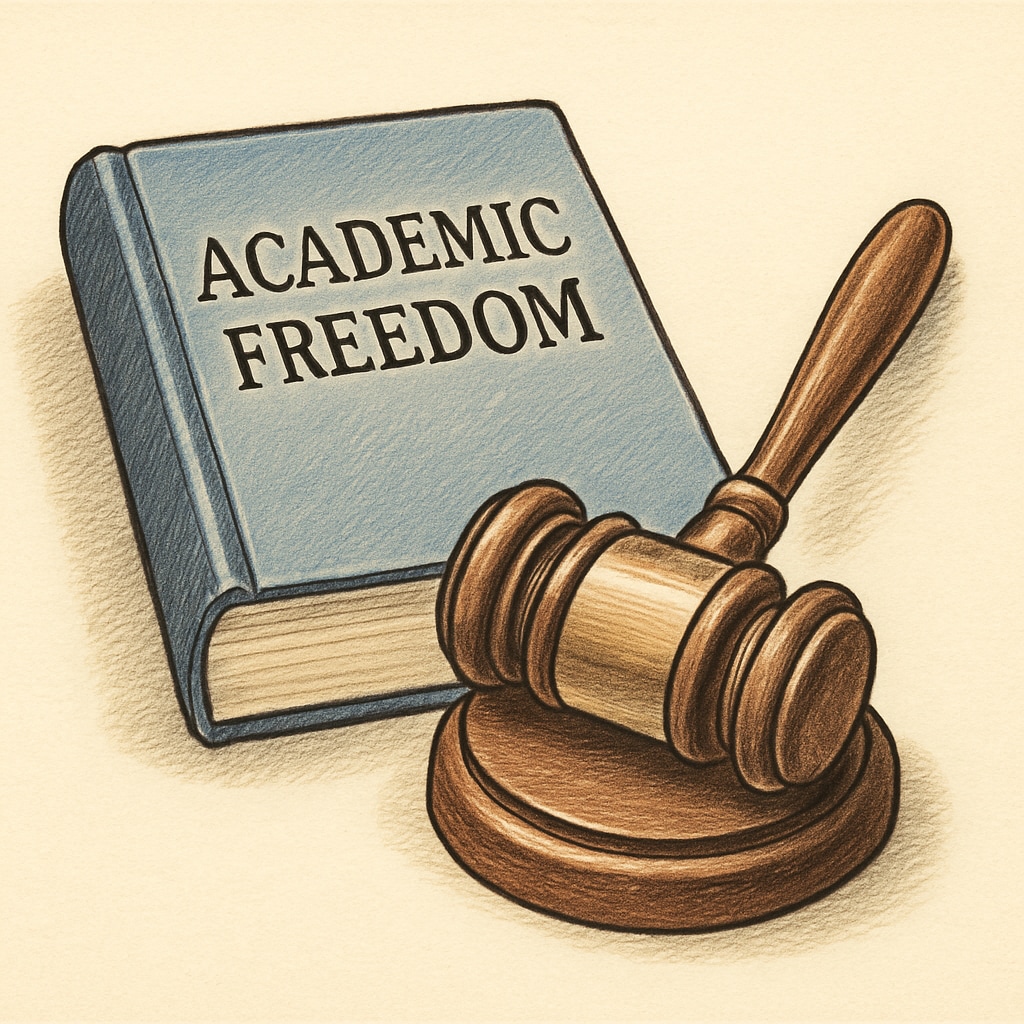 A gavel and legal book symbolizing legal challenges to academic freedom.