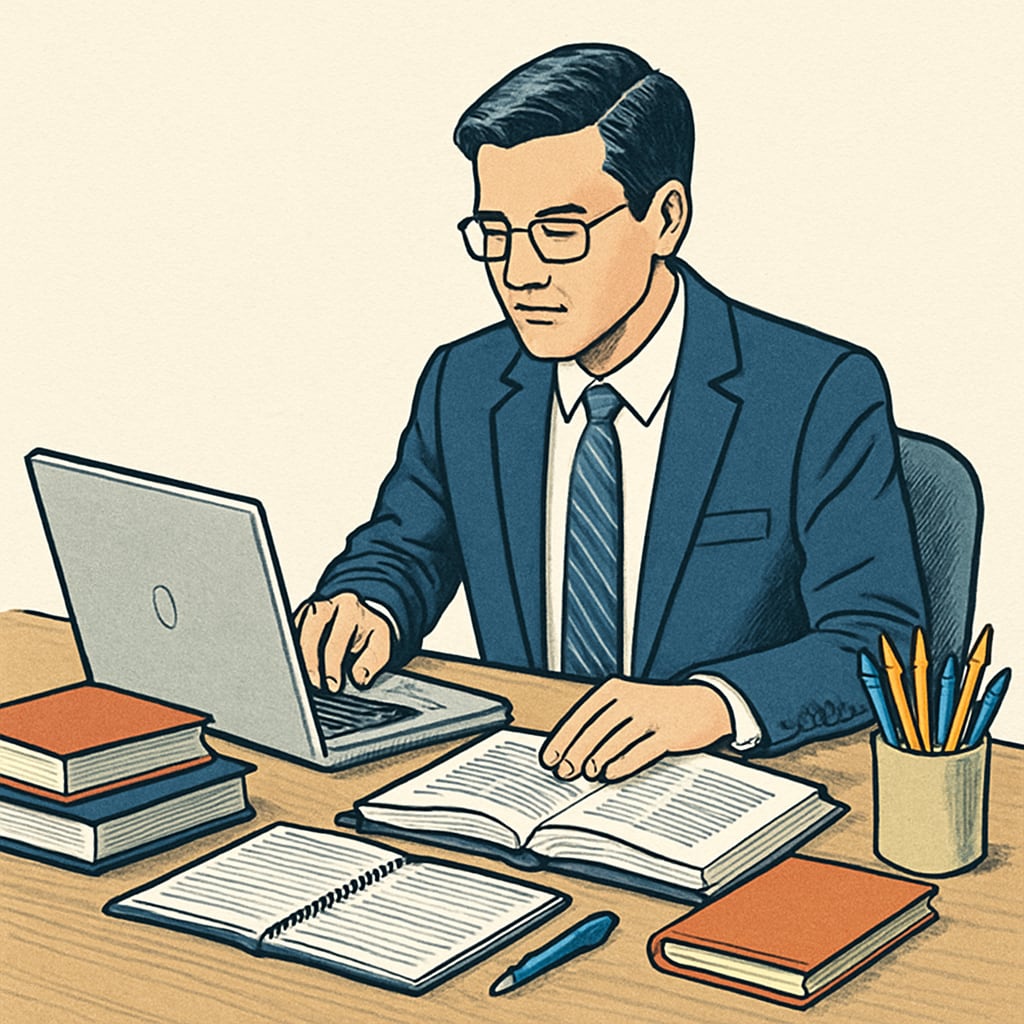 A professional working on a laptop while reviewing study materials, symbolizing the balance between work and education. Balancing work and education with effective time management.