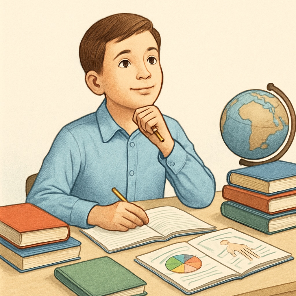 A young student sitting at a desk, surrounded by books and learning materials, symbolizing hope and determination in restarting education. A hopeful student preparing to restart education in the UK after interruption.