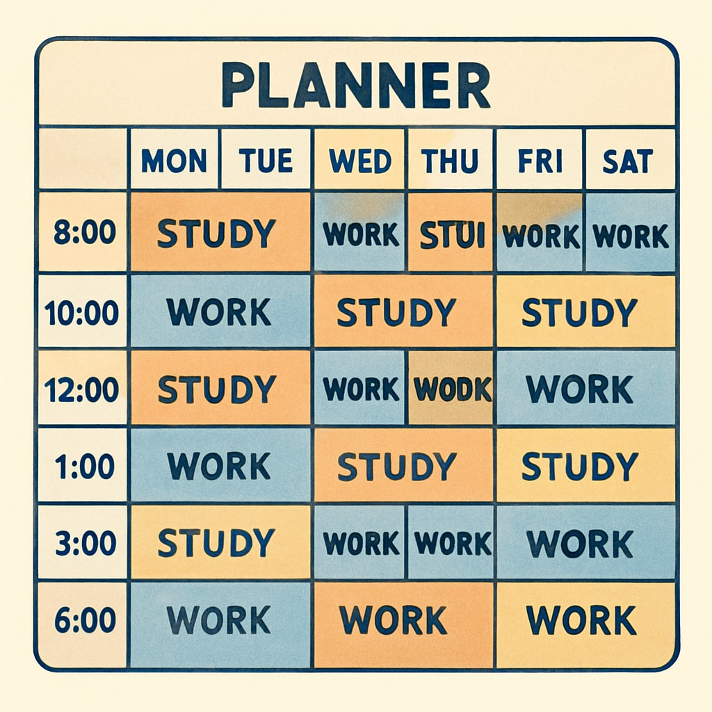 A detailed planner or calendar with highlighted study and work blocks, representing effective scheduling. Time management strategies for career and education balance.