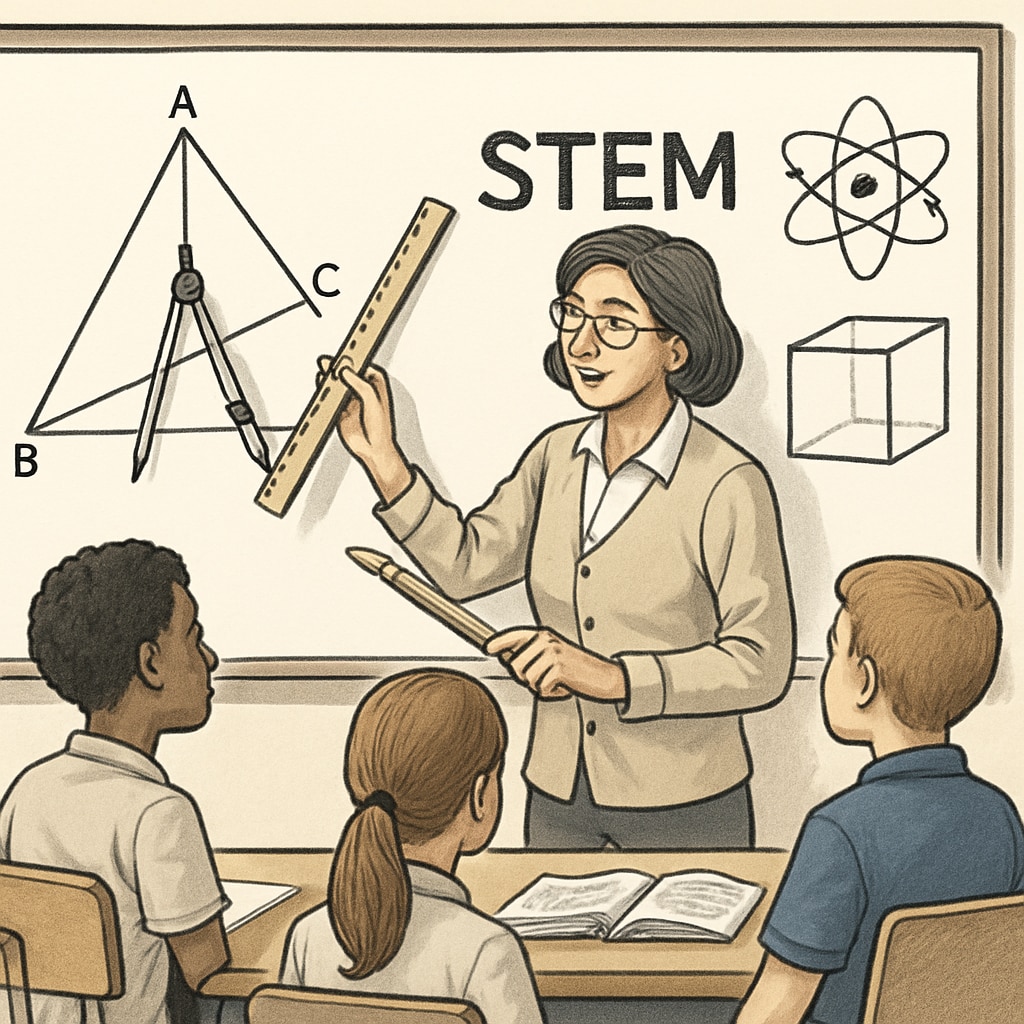 A classroom scene where a teacher uses engineering tools to explain STEM concepts. A teacher demonstrating STEM concepts with engineering tools in a classroom.