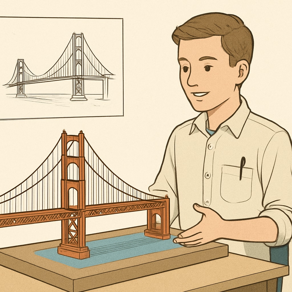 A student-led project showcasing a bridge model that integrates engineering principles and artistic design. A student project integrating engineering and artistic design in a bridge model.