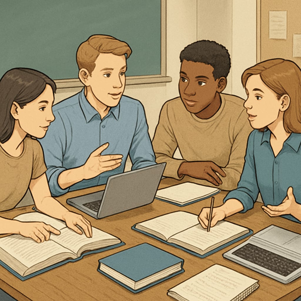 A group of young people sitting at a table with books and laptops, collaborating to regain academic momentum in their studies. Students working together to recover from interrupted education in the UK.