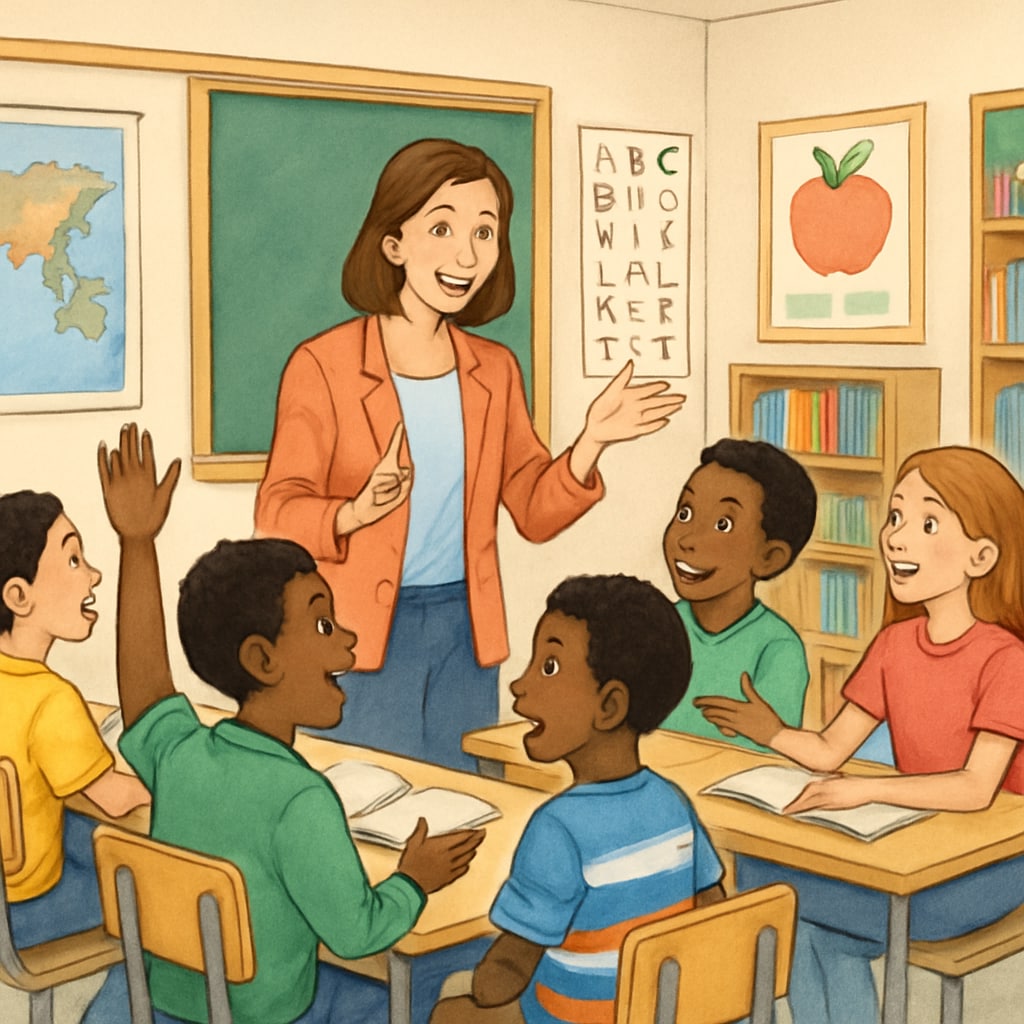 A bright and diverse classroom setting with a teacher engaging students in a discussion. The image symbolizes diversity and inclusivity in education. A diverse classroom representing the importance of inclusive education.