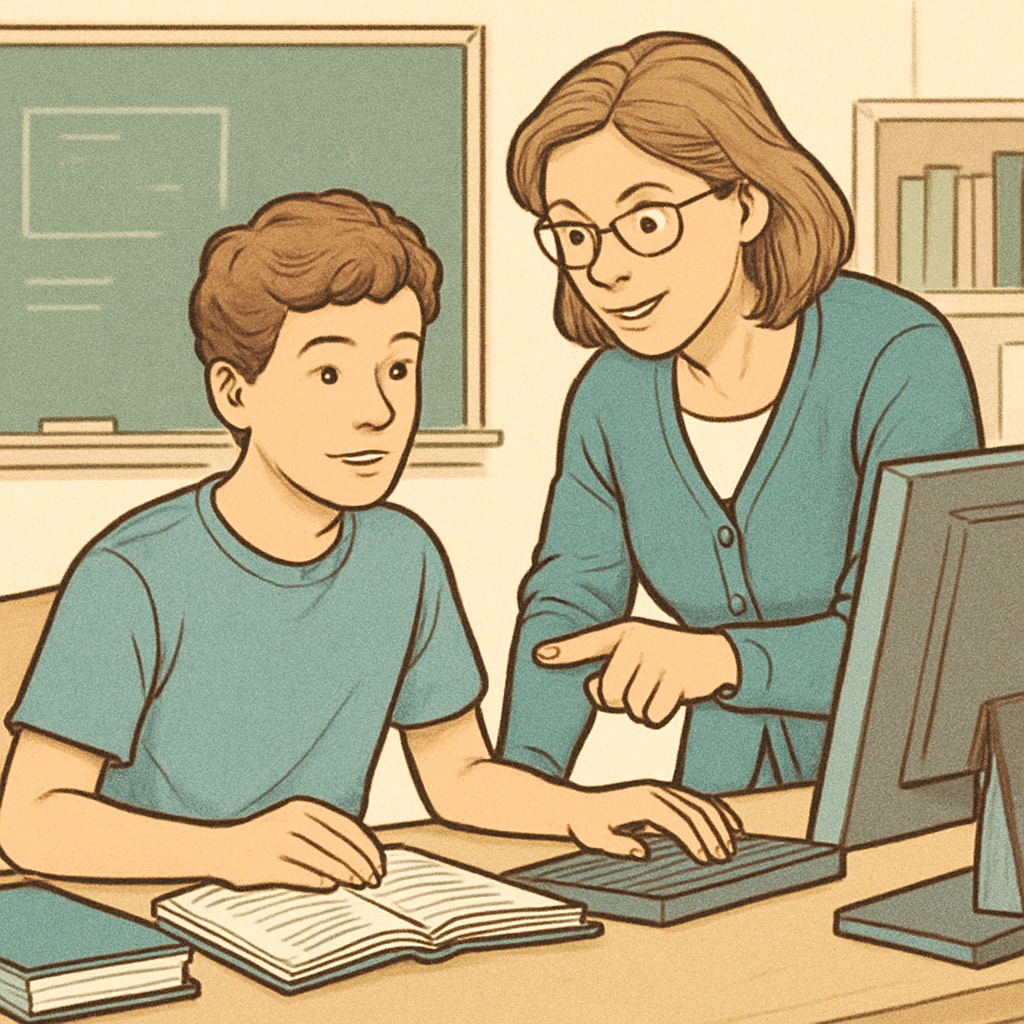 A teacher guiding a student on a computer in a classroom setting, emphasizing the support available for interrupted learning recovery. A teacher assisting a student to regain academic confidence after interrupted learning.