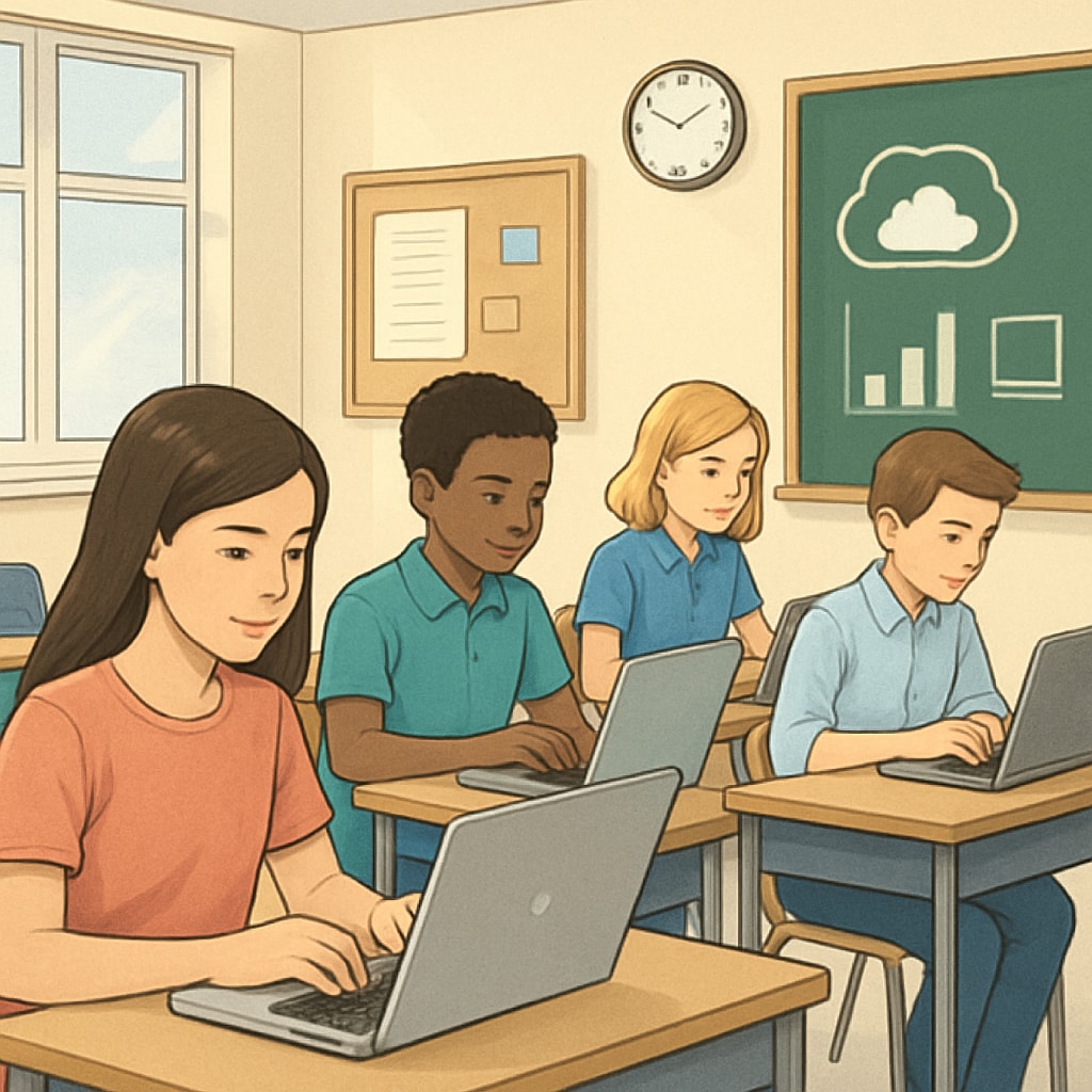 A classroom setting where students are working on laptops, highlighting digital resources being used in education. Students in a classroom using laptops for online learning amid age verification challenges.
