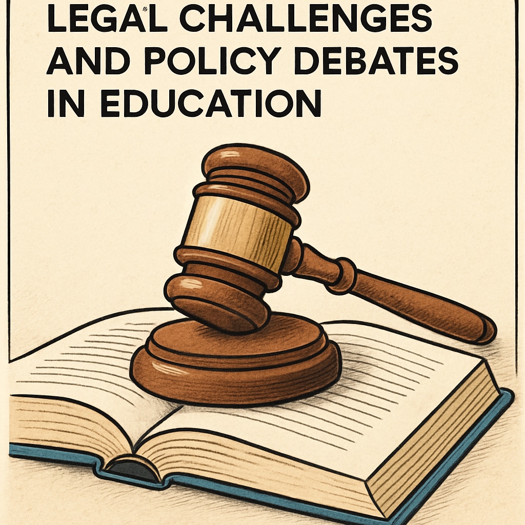 A gavel resting on a book to symbolize legal challenges and policy debates in education. A gavel and book representing legal concerns in education policies.