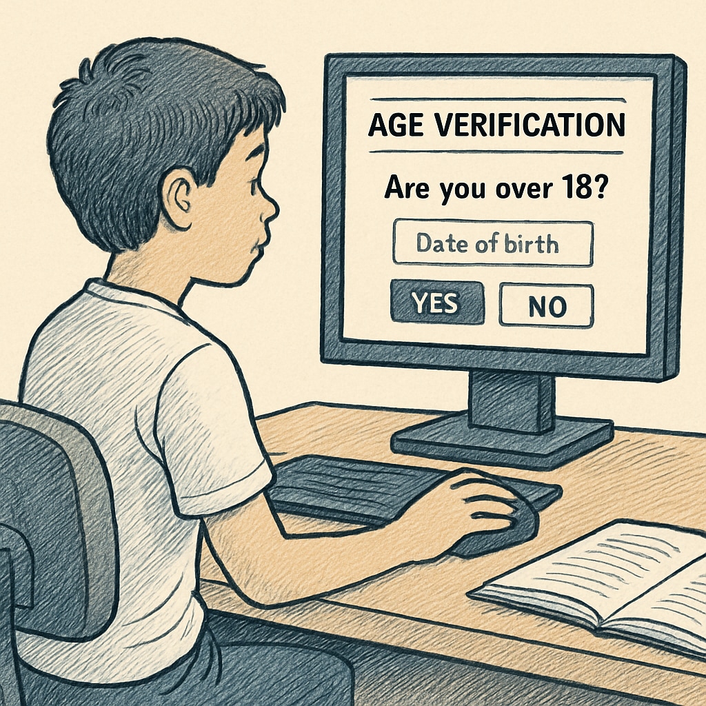A student attempting to access restricted online content due to an age verification pop-up. A student encountering an age verification screen while accessing educational content online.