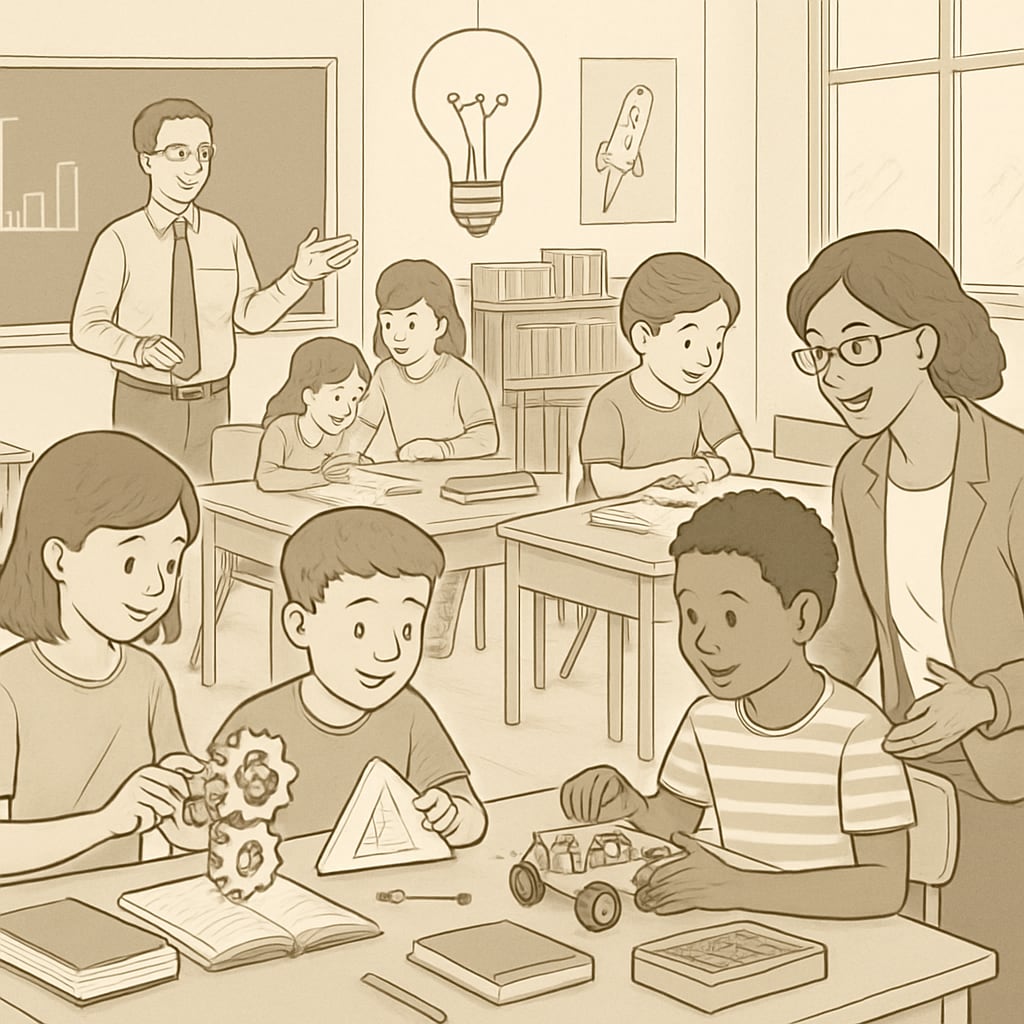 A classroom with students and teachers engaging in creative activities, representing public school innovation. Public school classroom with students participating in innovative learning activities.