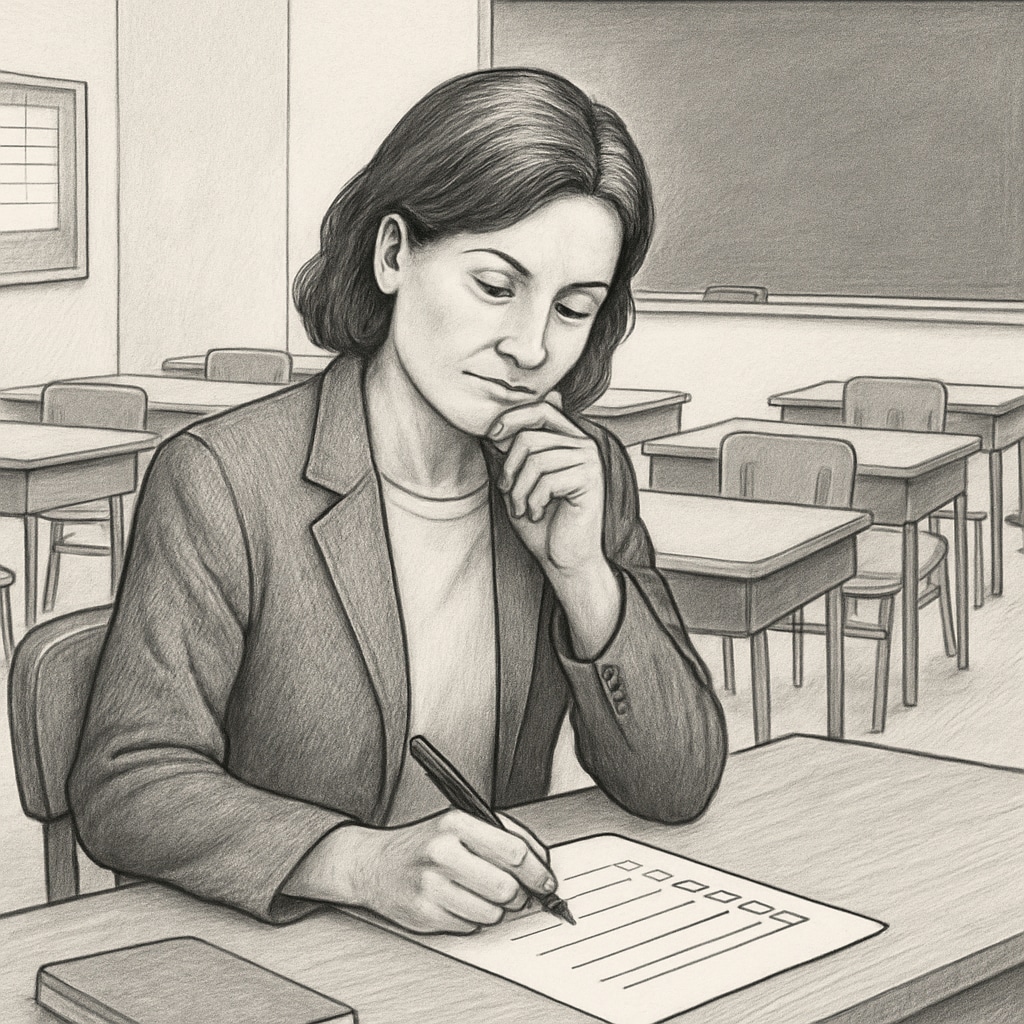 A teacher filling out a questionnaire in a classroom setting, symbolizing the political inclination test. Teacher completing a political inclination screening questionnaire.