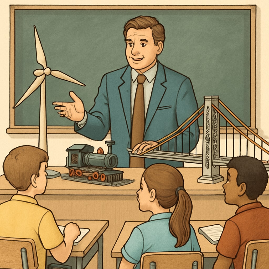 A classroom where a teacher uses engineering models to explain concepts, symbolizing the integration of education and engineering. Teacher explaining engineering concepts in a classroom, representing education and engineering integration.