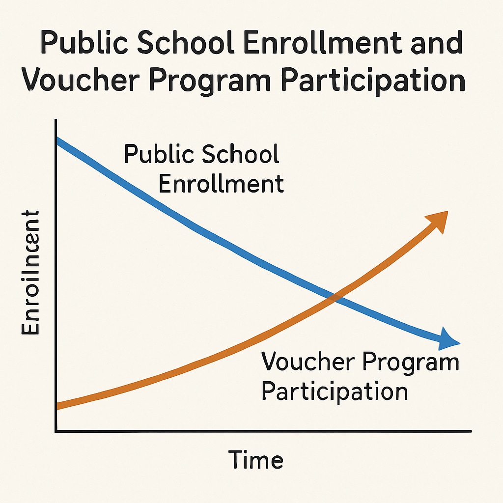 A graph illustrating the decline in public school enrollment alongside the rise in voucher program participation. Chart showing public school enrollment decrease due to voucher program expansion.