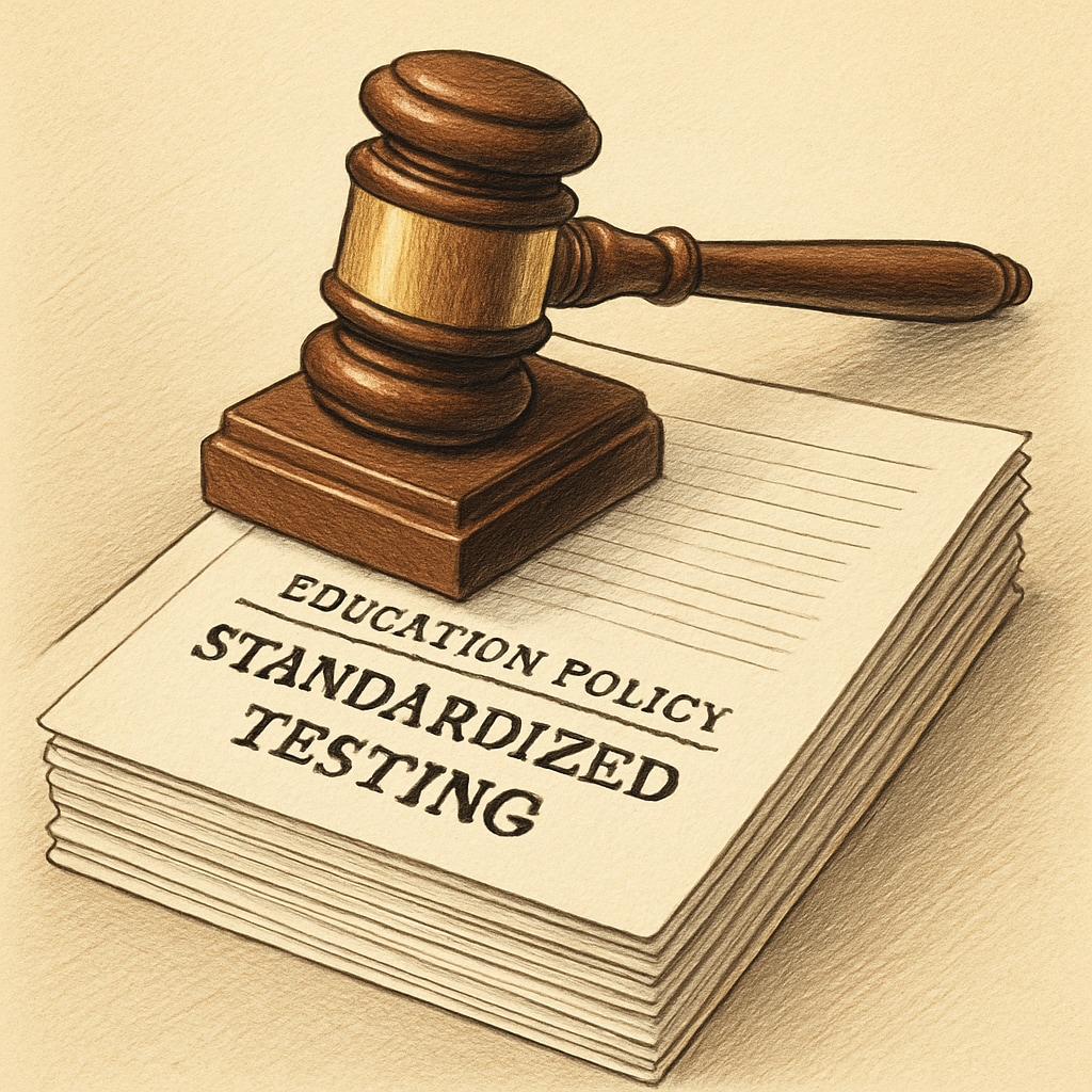 A gavel on a stack of education policy papers, symbolizing the legal and ethical issues surrounding the test. Legal implications of political inclination screening in education policy.