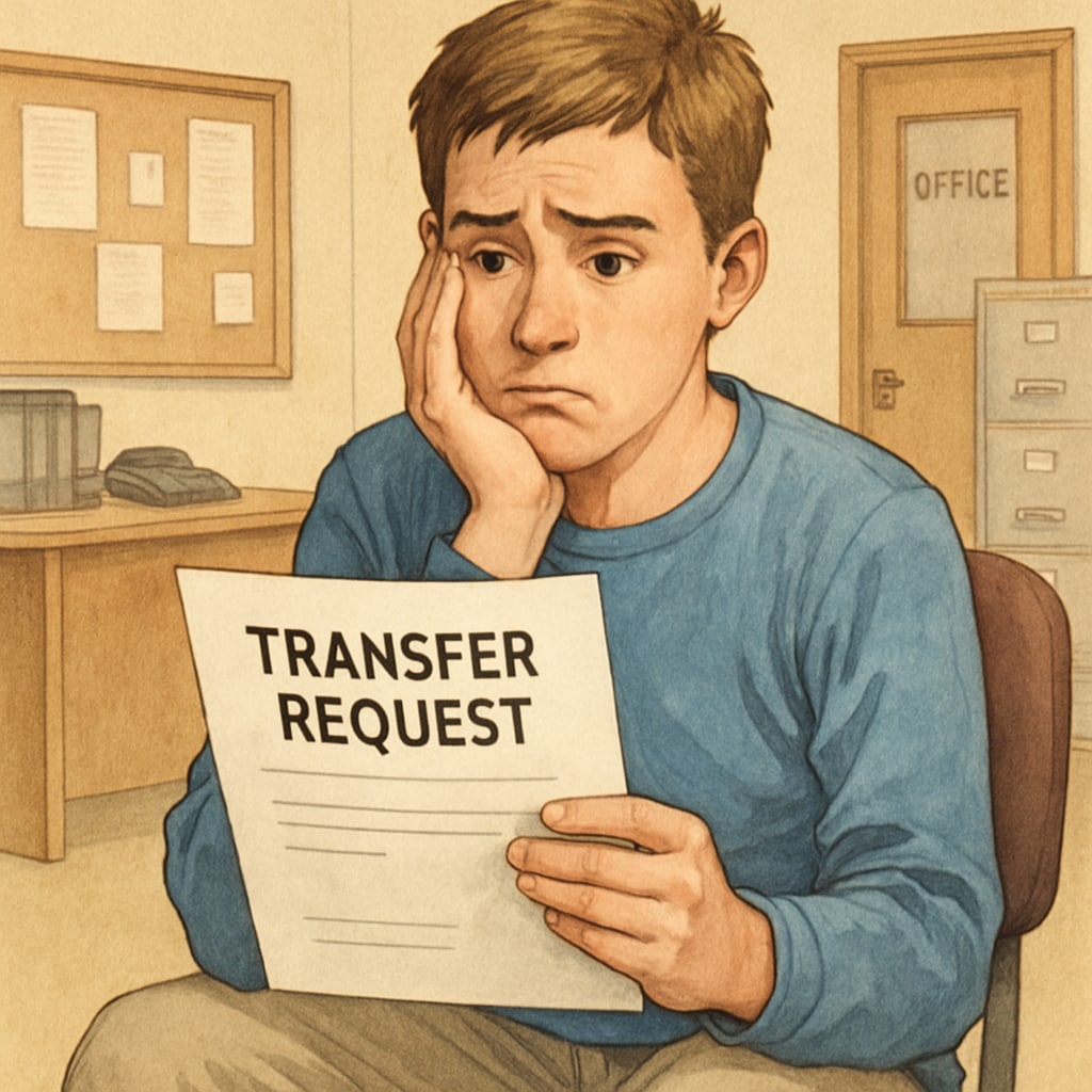 A frustrated student holding a transfer request form while sitting in a school office. The image demonstrates the emotional burden of transfer barriers. A student struggling with transfer paperwork, symbolizing school transfer challenges.