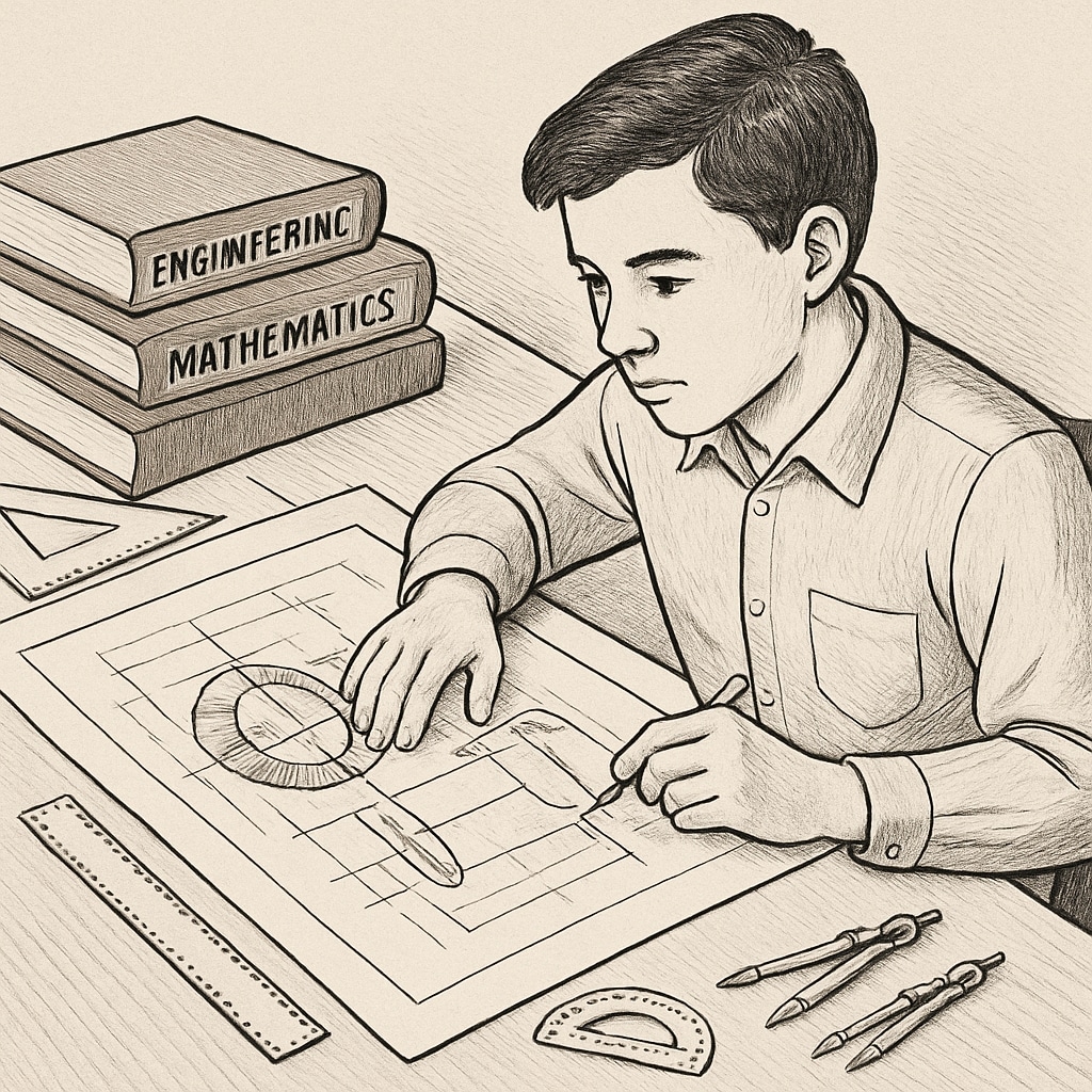 A student studying engineering blueprints while surrounded by teaching materials, illustrating the dual focus of education and engineering. Student working on engineering plans alongside teaching resources, showcasing dual-degree studies.