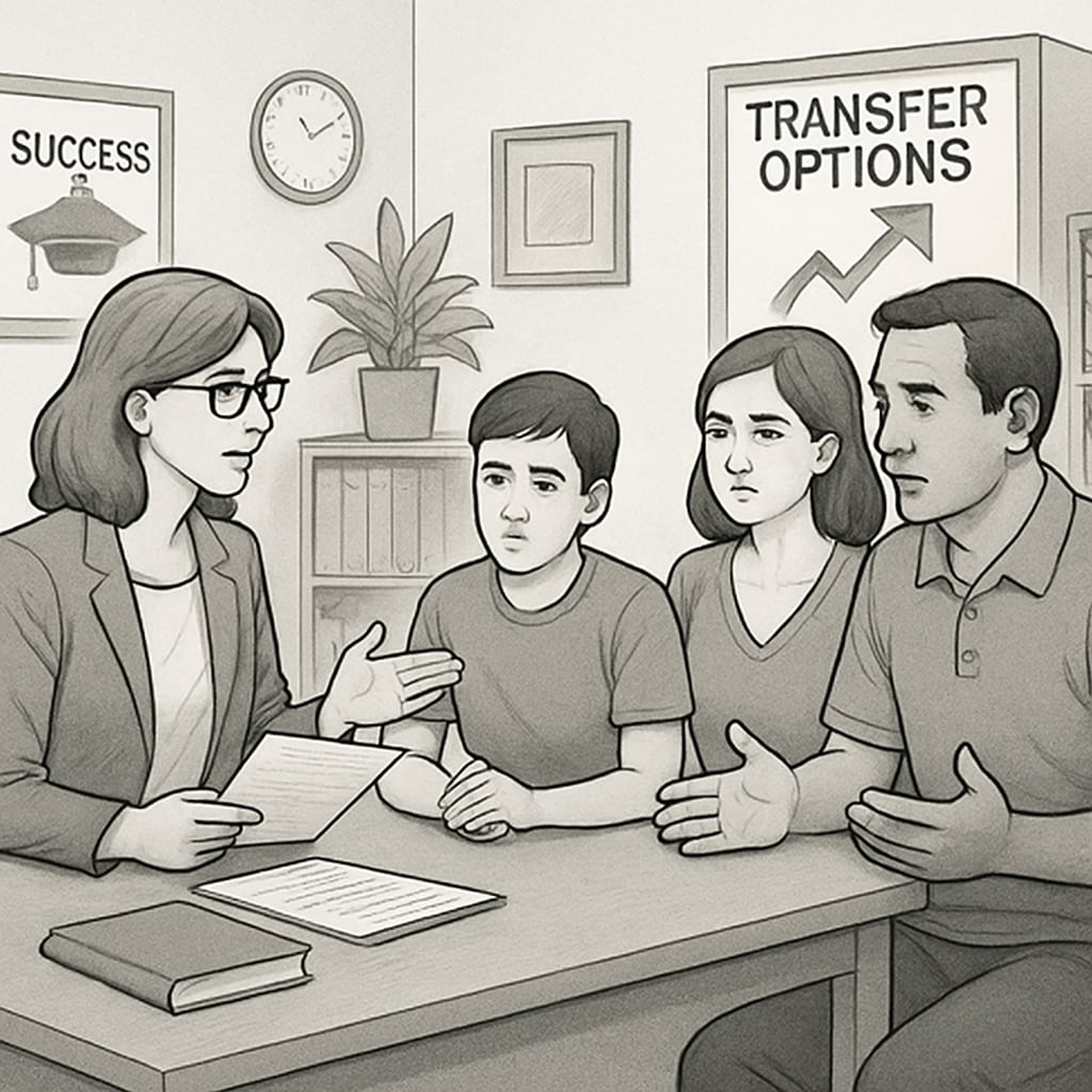 A school counselor meeting with parents and a student to discuss transfer options. The image highlights collaborative solutions in the transfer process. A counselor assisting parents and a student with transfer discussions.