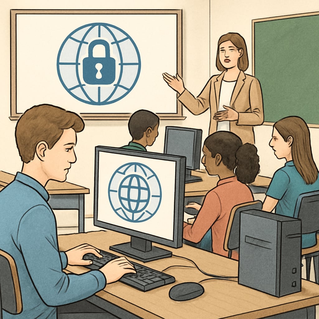 A classroom with students using computers, symbolizing the intersection of education and internet regulation. Students in a classroom using computers, representing challenges in internet age verification.