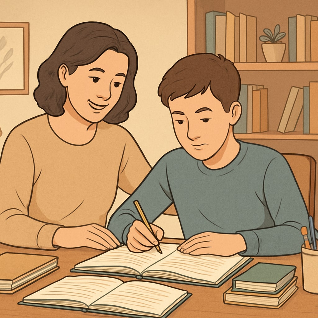 Parent and teen working together on academic challenges in a home setting.