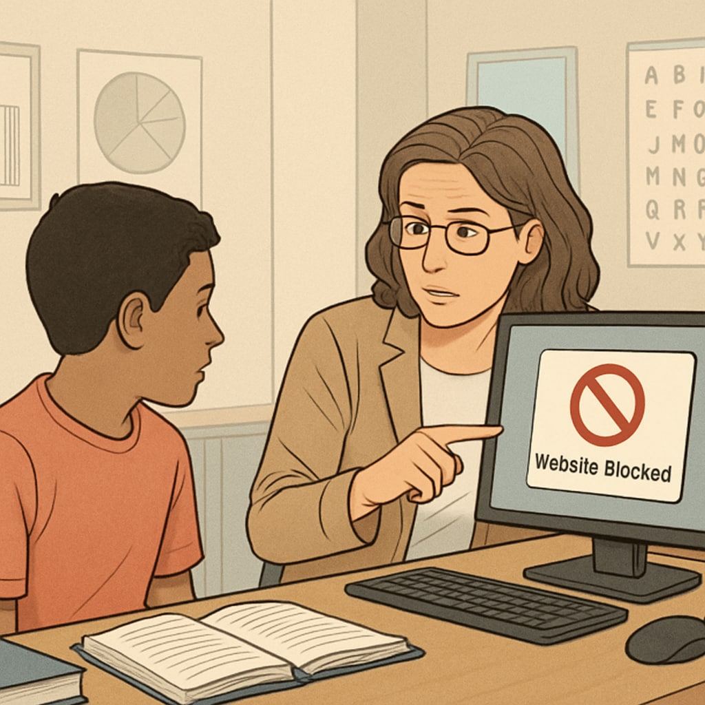 A teacher helping a student navigate a blocked website on a computer, illustrating the challenges posed by internet age verification laws. Teacher assisting student with blocked content due to internet age verification laws.