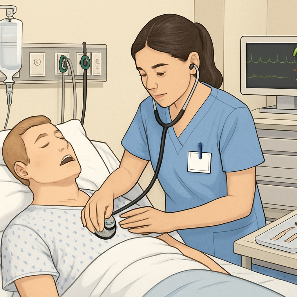 A nursing student practicing clinical skills in a simulation lab, showcasing hands-on learning opportunities. Nursing student practicing clinical skills in a simulation lab for academic preparation.