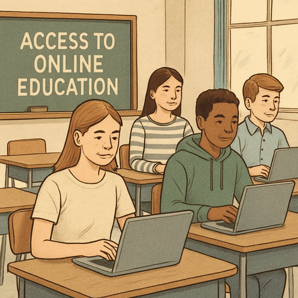 A group of students using laptops in a classroom, symbolizing the importance of unrestricted access to online education resources. Students in a classroom using laptops for educational purposes.