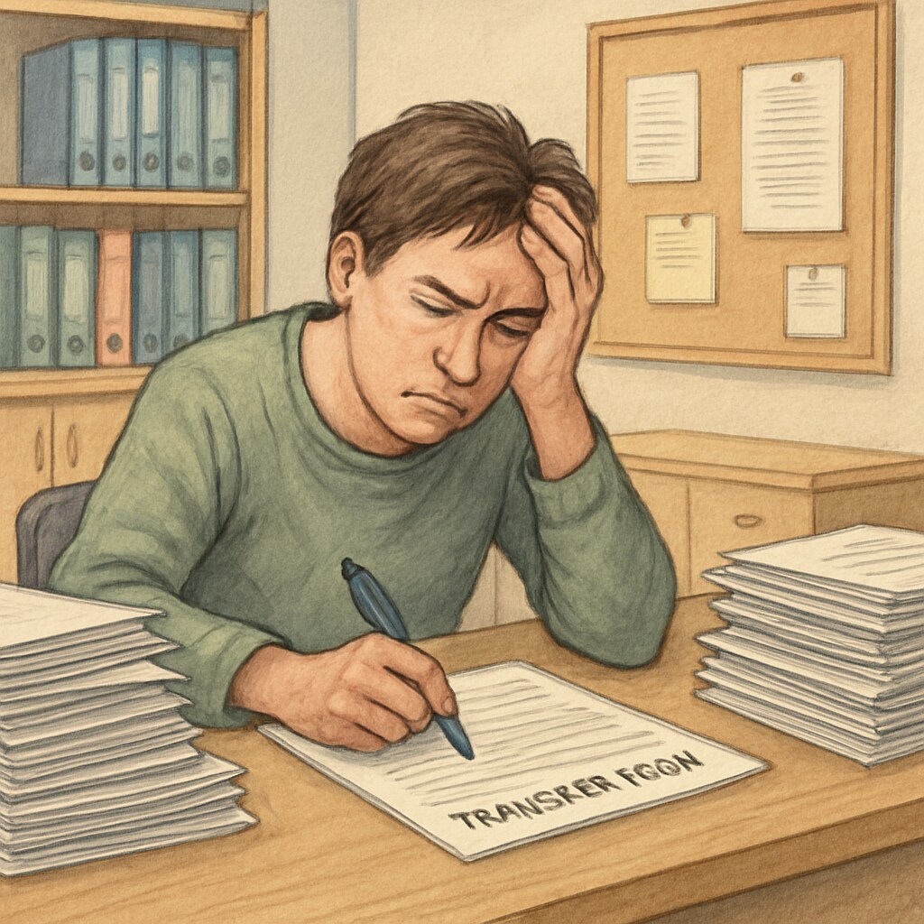 Parent struggling with school transfer paperwork, highlighting administrative barriers.